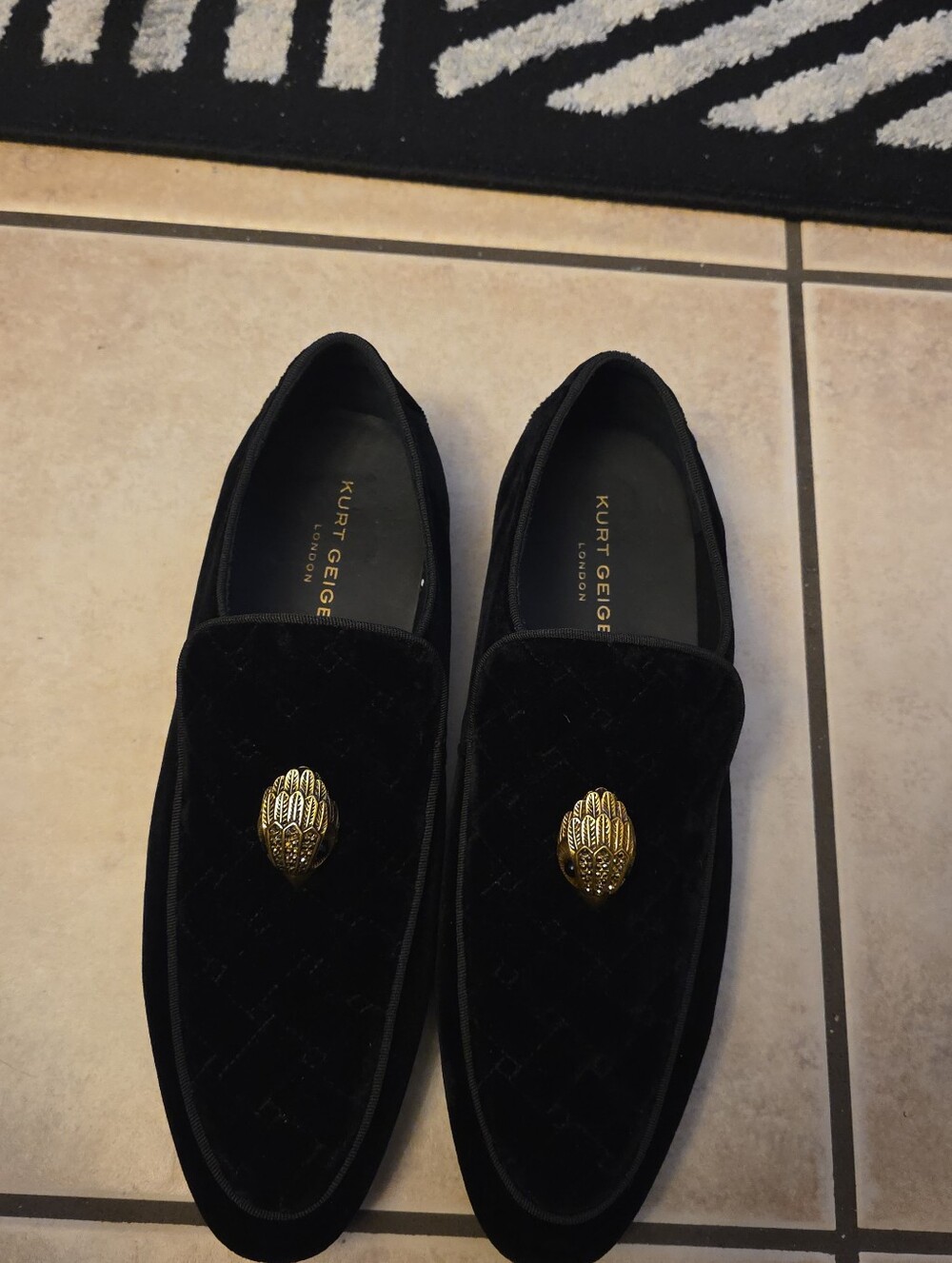 Kurt Geiger Black Velvet Loafers with Gold Emblem